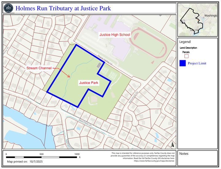 Map of Justice Park showing the project limit boundary in blue, with a red arrow pointing to the stream channel within Justice Park