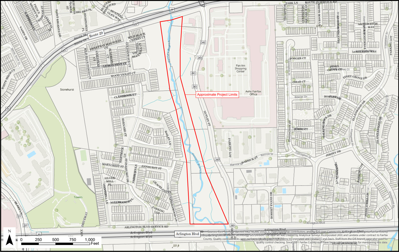 Geographical map highlighting the approximate project limits outlined in a red polygon.
