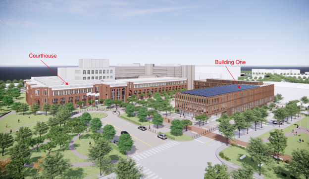 Site rendering of Courthouse and Building One