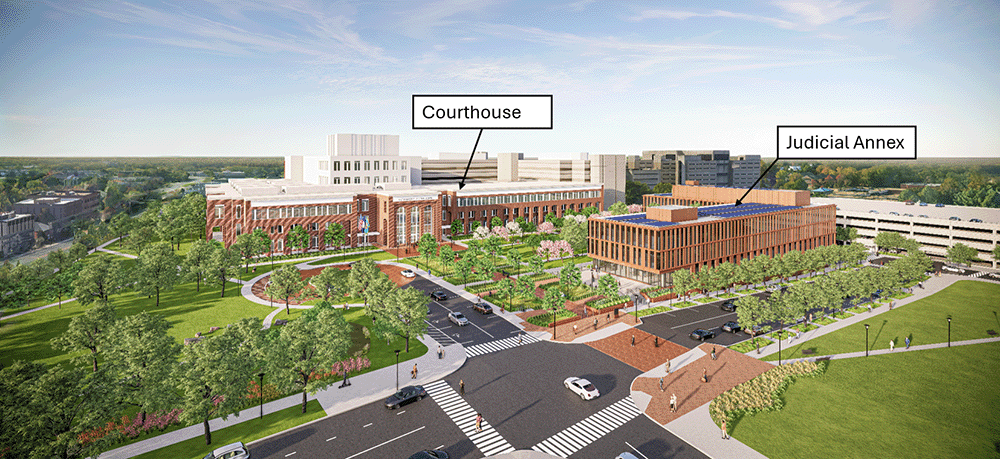 Site rendering of Courthouse and Building One