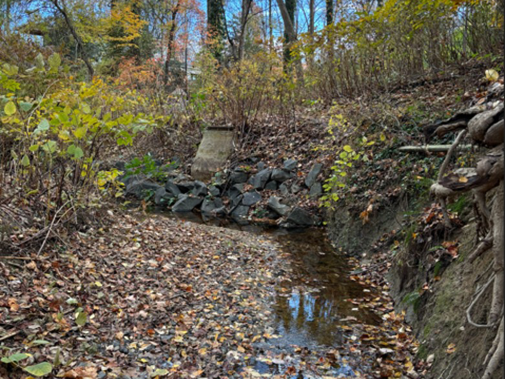 Eroded stream channel with exposed sanitary manhole.