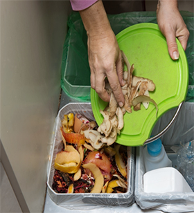 Scrape food scraps into compost bucket