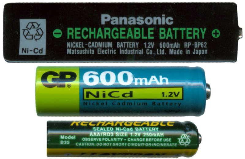 Assortment of Nickel Cadmium (Ni-Cd) batteries.