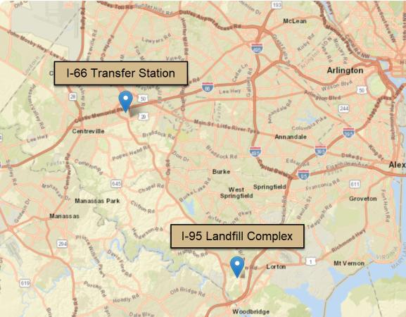 Map marking I-66 and I-95 disposal centers
