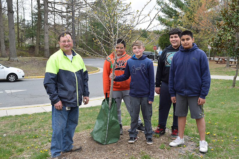 Teacher Mark Moseley poses with tree planted by Dogwood ES students