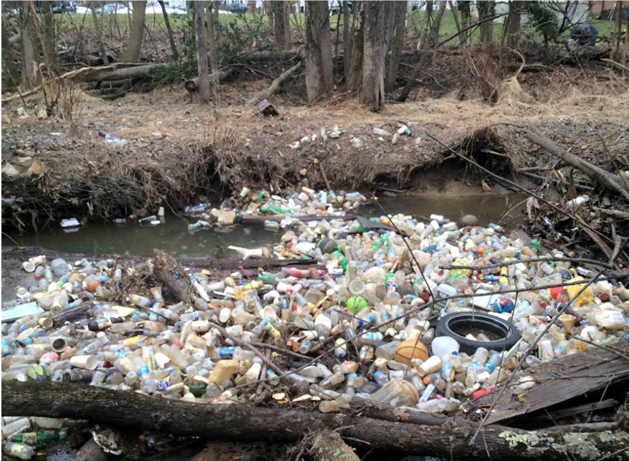 Plastic bottles and bags, food containers and a tire flowed with rainfall and snow melt to this creek in Fairfax County.