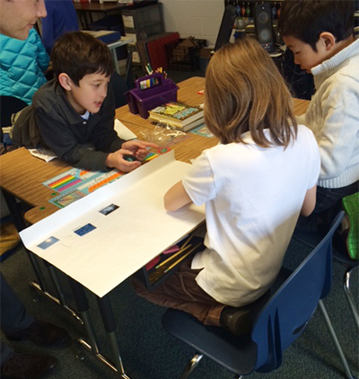 Three students at a table study a food web diagram