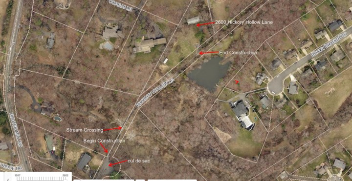 Aerial map of construction area on Hickory Hollow Lane