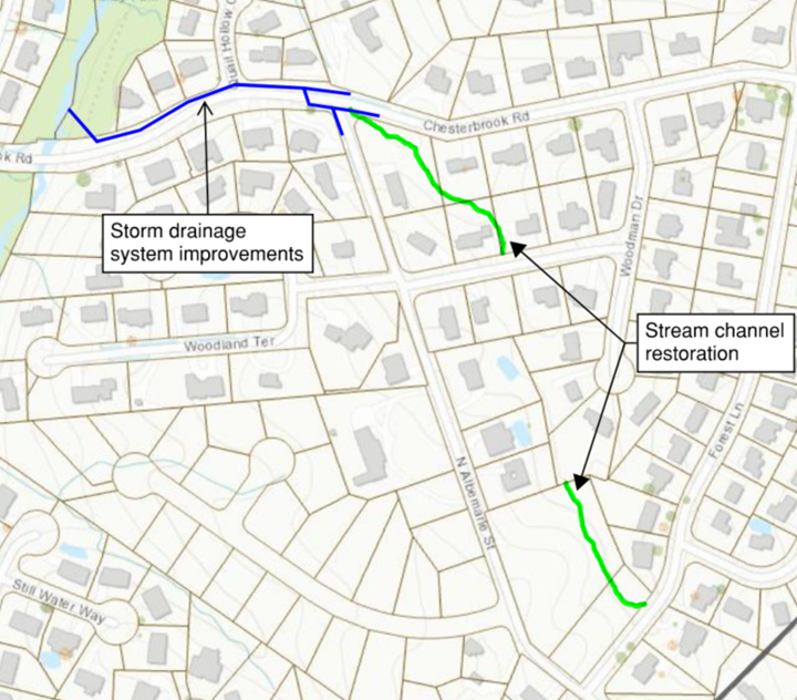 map - little pimmit run tributary and woodland terrance stream restoration. Storm drainage system improvements and stream channel restoration