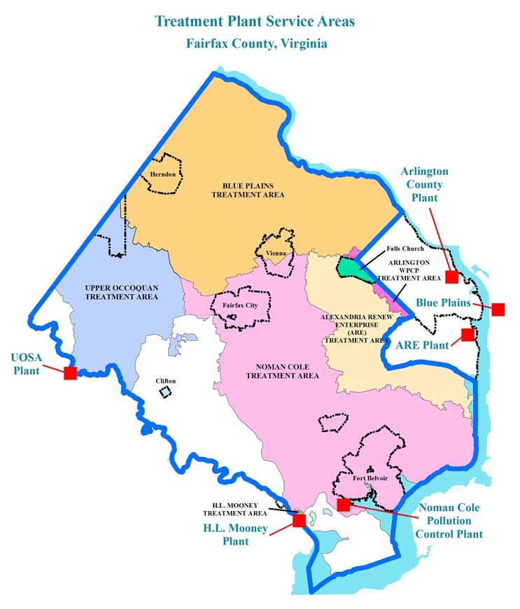 Map showing wastewater treatment plants serving Fairfax County