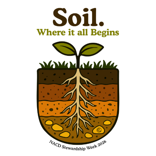 A logo of a small seedling growing out of a soil profile.
