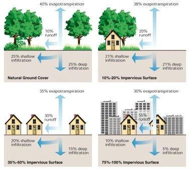 As impervious surface cover increases, there is more runoff and less water soaks into the ground. Click on image to enlarge.