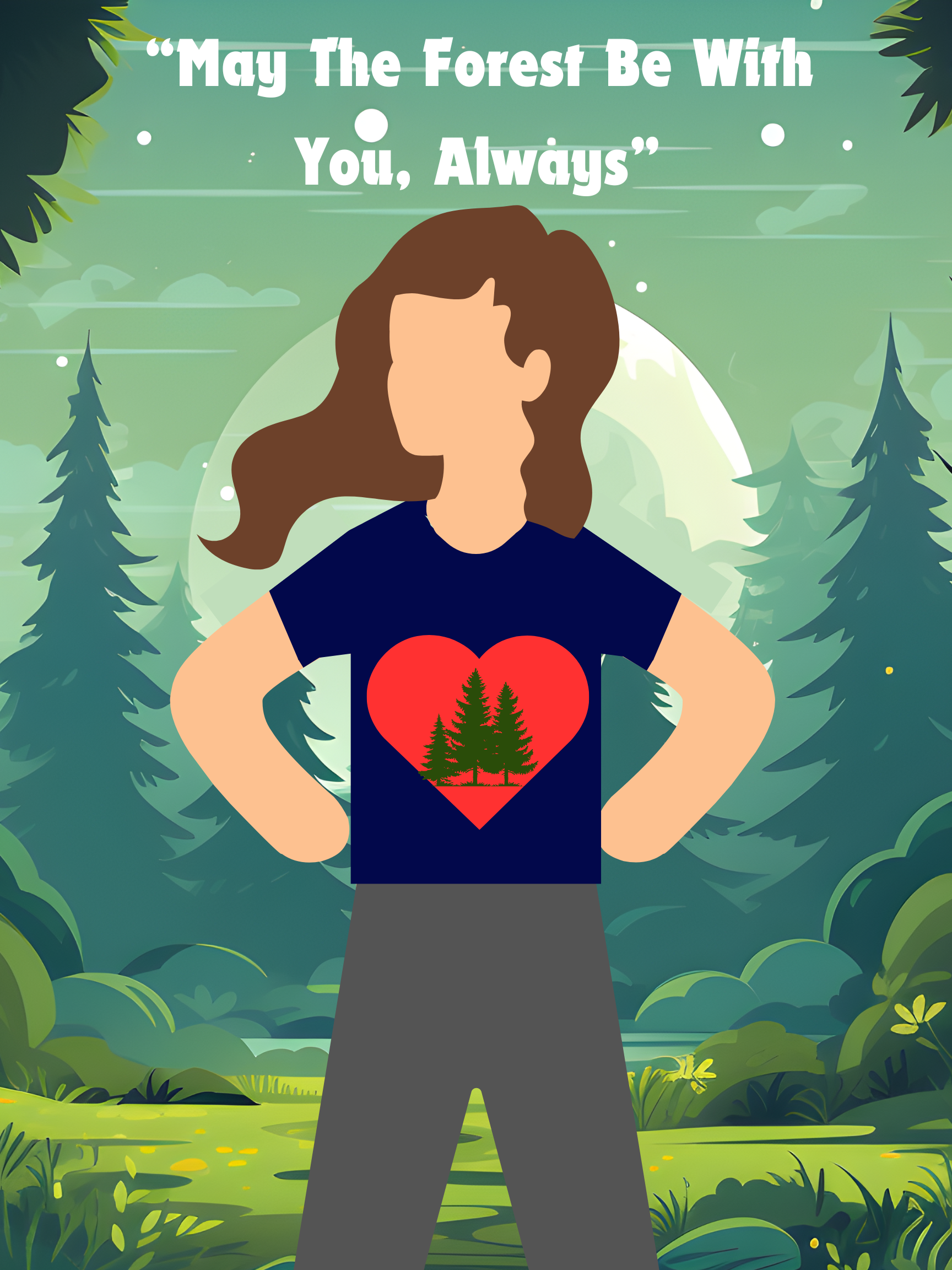 A digital collage poster. A faceless girl in a navy blue shirt stands in the foreground, with a stylized red heart full of trees on her shirt. In the background is a pine forest. White text reads "May the Forest be with You, Always" at the top of the poster.