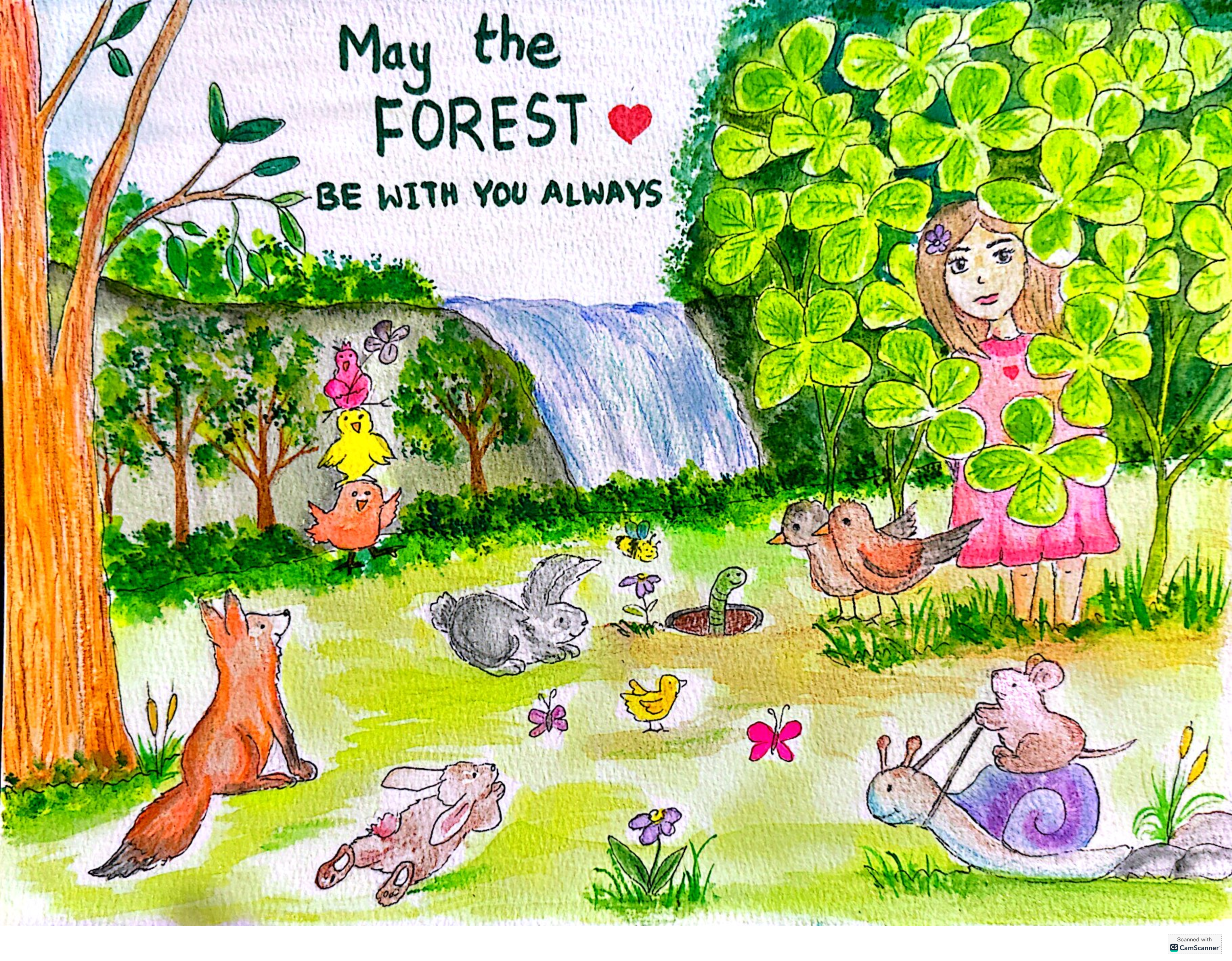 A poster painted with watercolor, featuring a young girl peering out at a group of animals in a forest clearing from behind green plants. There are two robins, a worm, two rabbits, a and a fox playing in the clearing. A pink, yellow, and orange bird all stand on one another's head. A brown mouse rides on a purple snail in the foreground. At the top of the poster is the text "May the Forest be with you, Always". There is a waterfall in the background.
