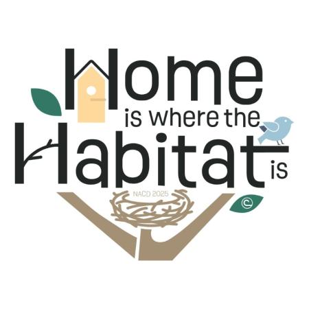 A logo of a brown tree supporting a bird's nest. Black text reads "Home is where the Habitat is". The H in home forms the roof of a yellow bird house and a blue bird perches on the letter T in habitat.
