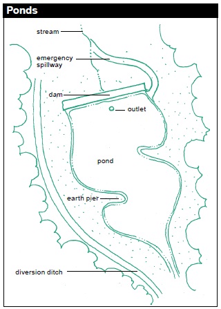 There are two basic styles of ponds, one is made by building a dam across a stream and the other is dug into the ground. This particular pond is formed with the use of a dam: stream, emergency spillway, dam, outlet, pond, earth pier, diversion ditch.