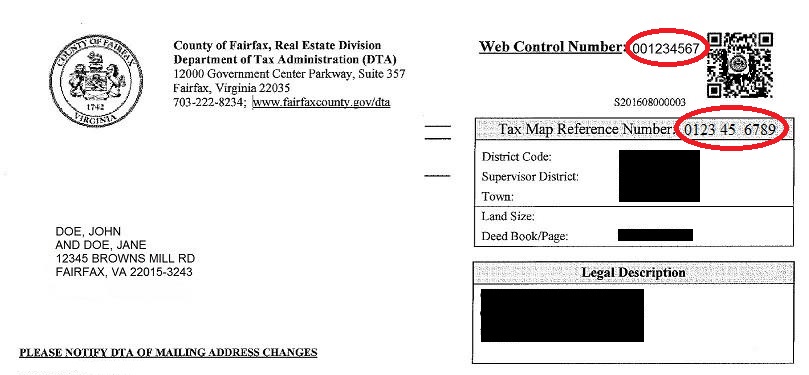 Sample Notice of Assessment Change with Web Control Number and Tax Map Reference Number Circled