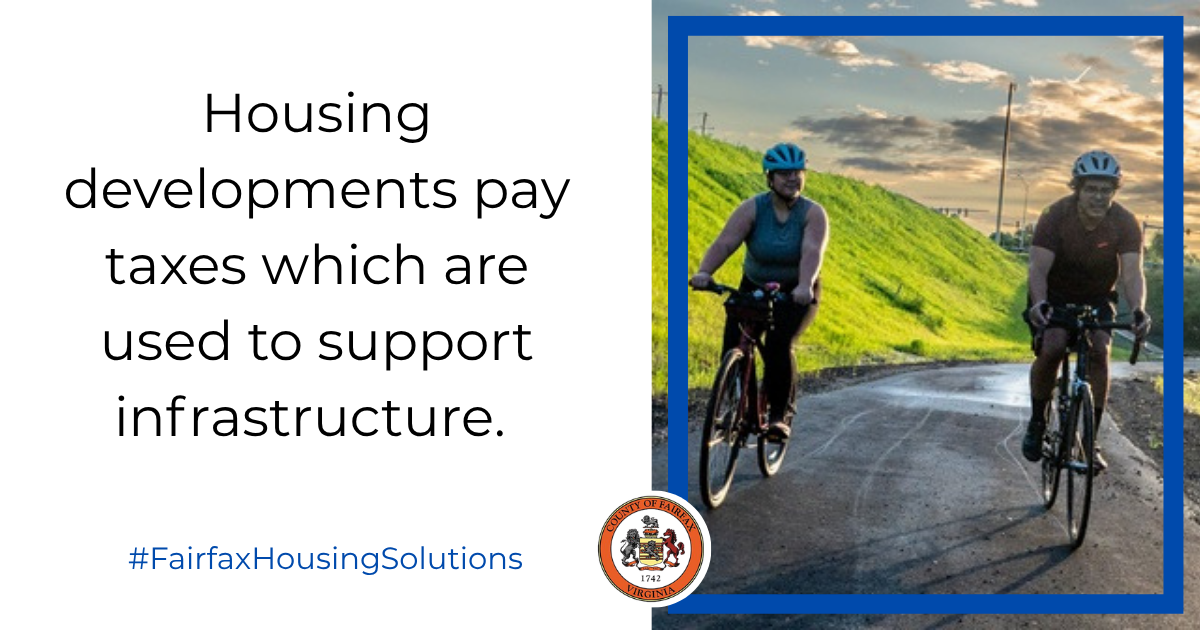 Social media graphic of two people riding bikes with the text "Housing developments pay taxes which are used to support infrastructure. #FairfaxHousingSolutions."