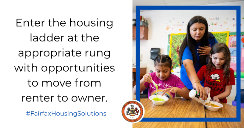 Social media graphic with an image of a teacher helping students mix slime in a classroom with the text "Enter the housing ladder at the appropriate rung with opportunities to move from renter to owner. #FairfaxHousingSolutions."