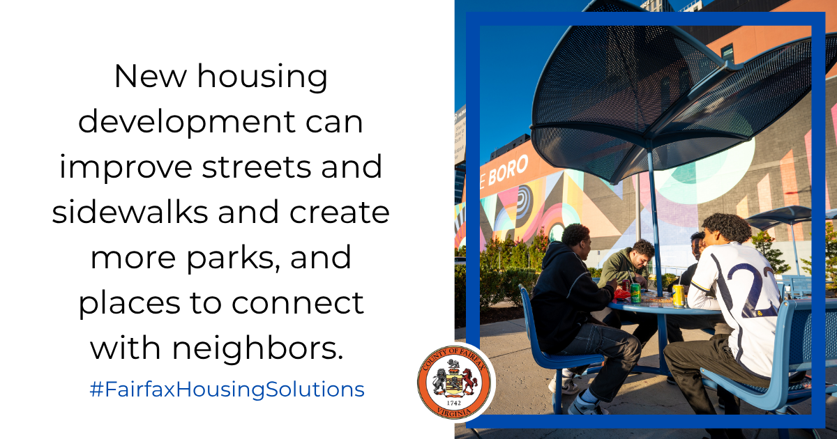 Social media graphic of four men sitting at a table drinking sodas at The Boro with the text "New housing development can improve streets and sidewalks and create more parks, and places to connect with neighbors. #FairfaxHousingSolutions."