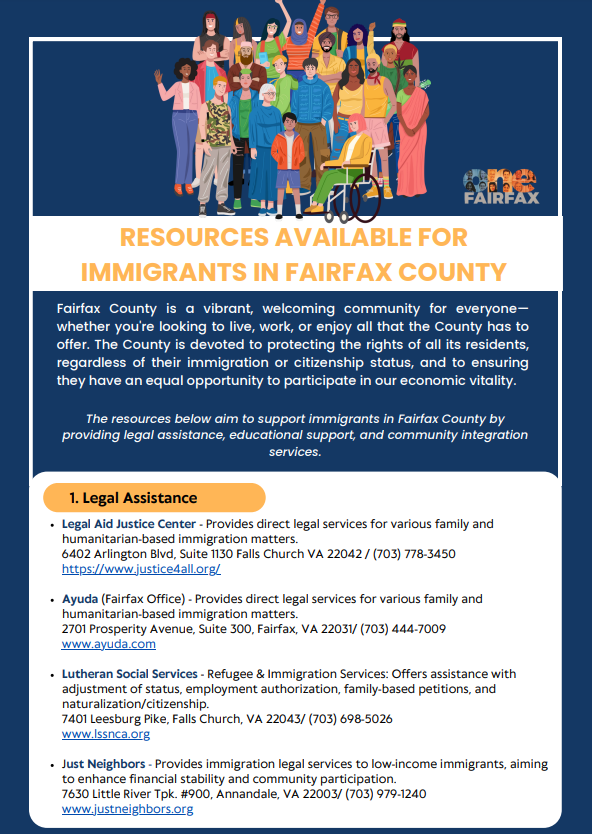 Image of resource flyer for immigrants in Fairfax County. Flyer is linked below. 