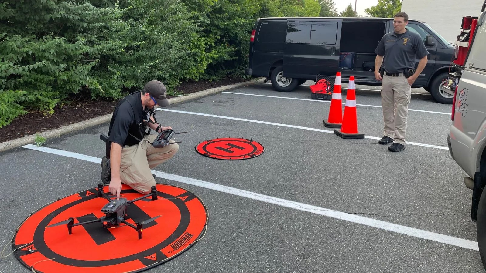 multiple drone helo pads in parking lot